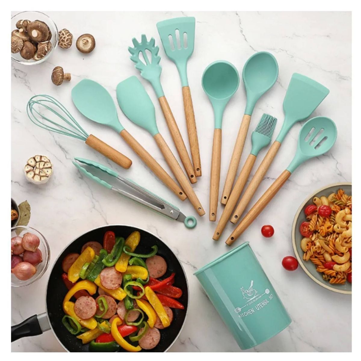 GENERICO - Set 12 Utensilios Cocina Mango Silicona Y Madera Repostería