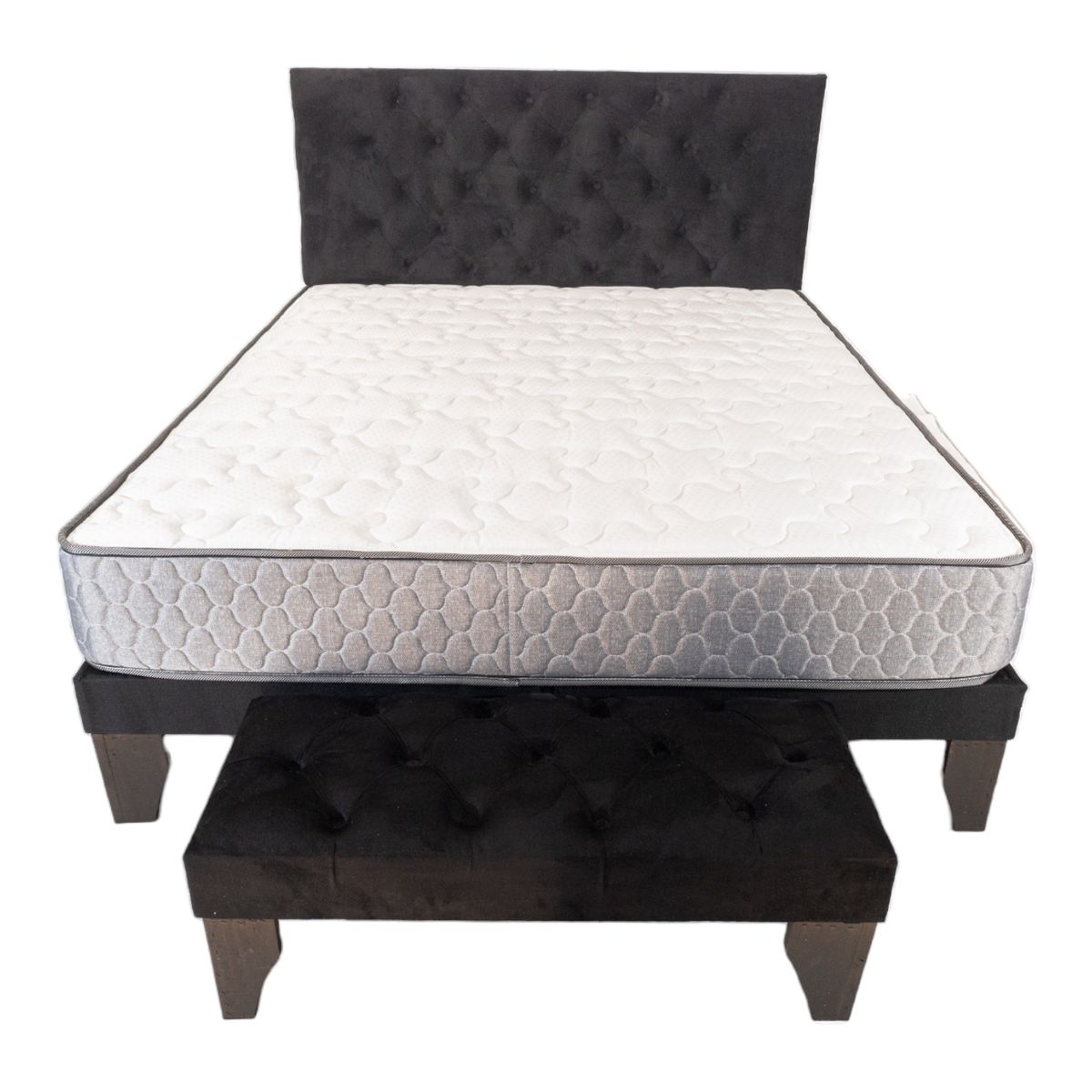 GENERICO - CAMA EUROPEA 2 PLAZAS BASE, RESPALDO, BANQUETA NEGRO COLCHÓN RESORTES