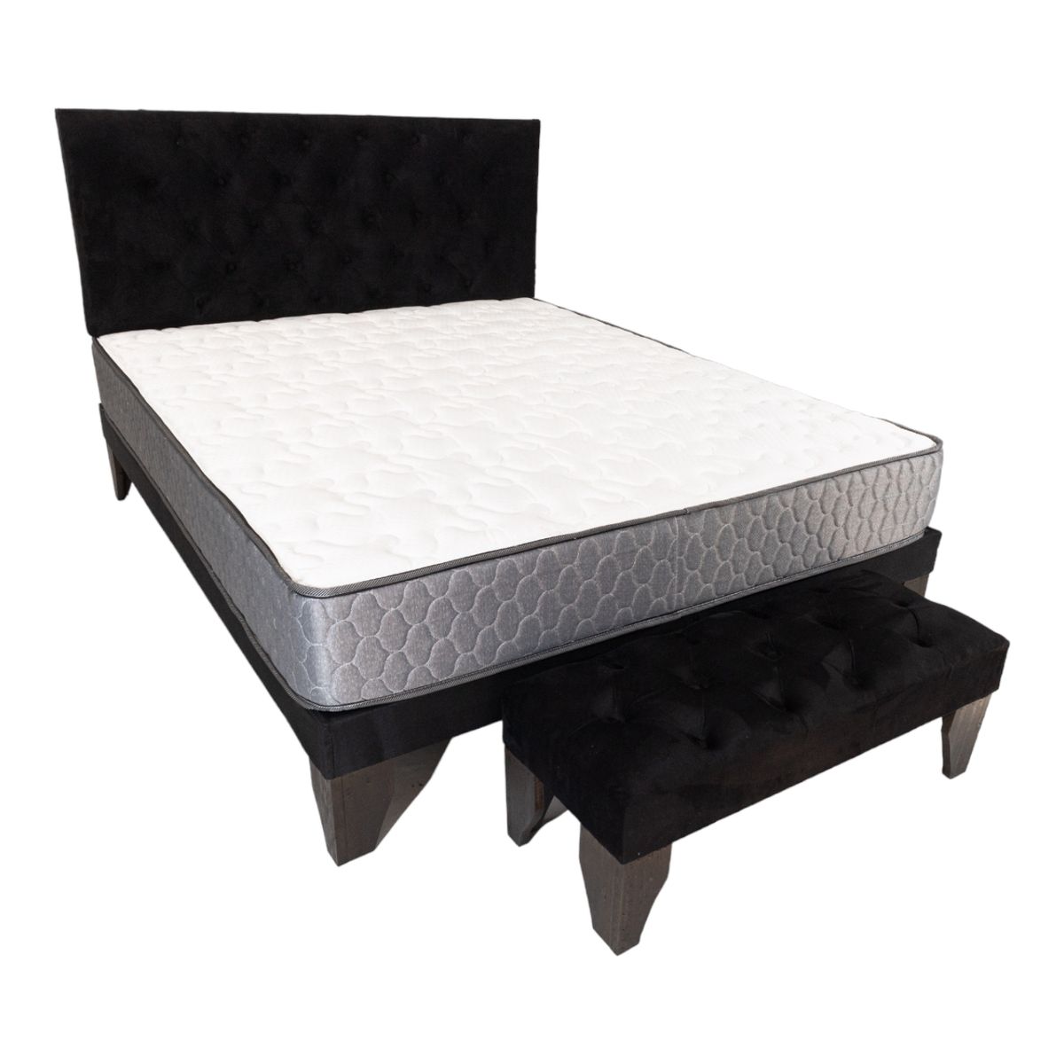 GENERICO - CAMA EUROPEA 2 PLAZAS BASE, RESPALDO, BANQUETA NEGRO COLCHÓN RESORTES
