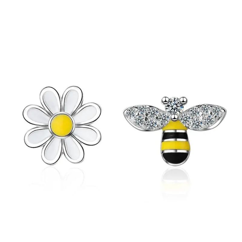 TODOJOYAS - Aros Asimetricos Abeja y Flor Plateado