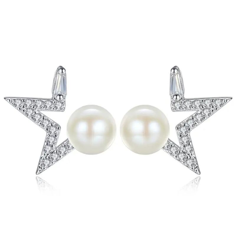 TODOJOYAS - Aros Estrella y Perla Blanca Plateado