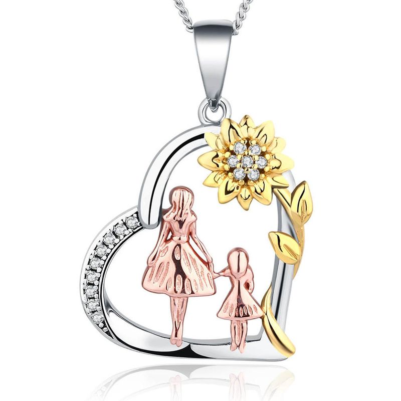 GENERICO - Collar Plata Fina 925 Madre e Hija Colgante Girasol Corazon