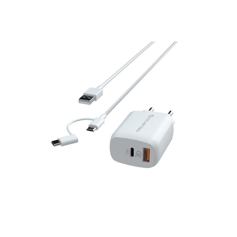 DUSTED - Cargador con Cable 2en1 Dusted para iPhone y iPad (20W, USB-C / microUSB) - Blanco