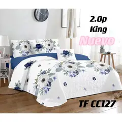 GENERICO - Cobertor tipo Quilts de Verano 2 plazas - Cubrecamas Blanco Flores 02
