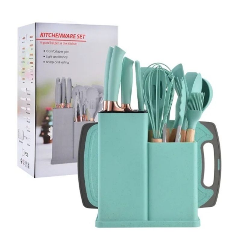 GENERICO - Juego Utensilios De Cocina De Silicona Con Mango De Madera TURQUESA