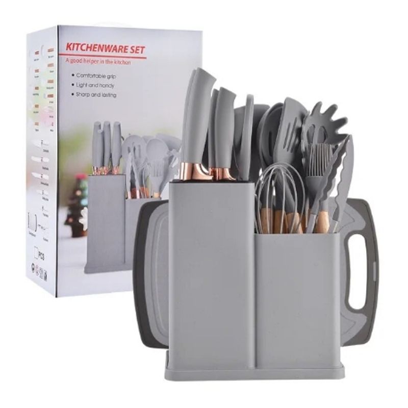 GENERICO - Juego Utensilios De Cocina De Silicona Con Mango De Madera GRIS