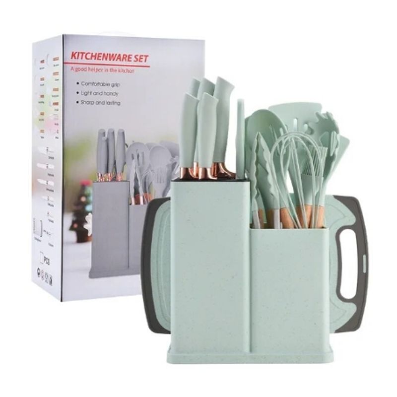 GENERICO - Juego Utensilios De Cocina De Silicona Con Mango De Madera VERDE