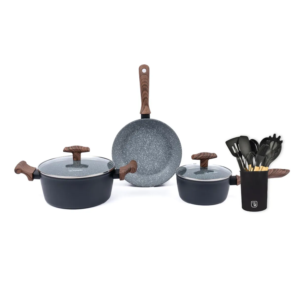 SIMPLIT - Batería Cocina Oregon 5pzs + Set 12 Utensilios Negro