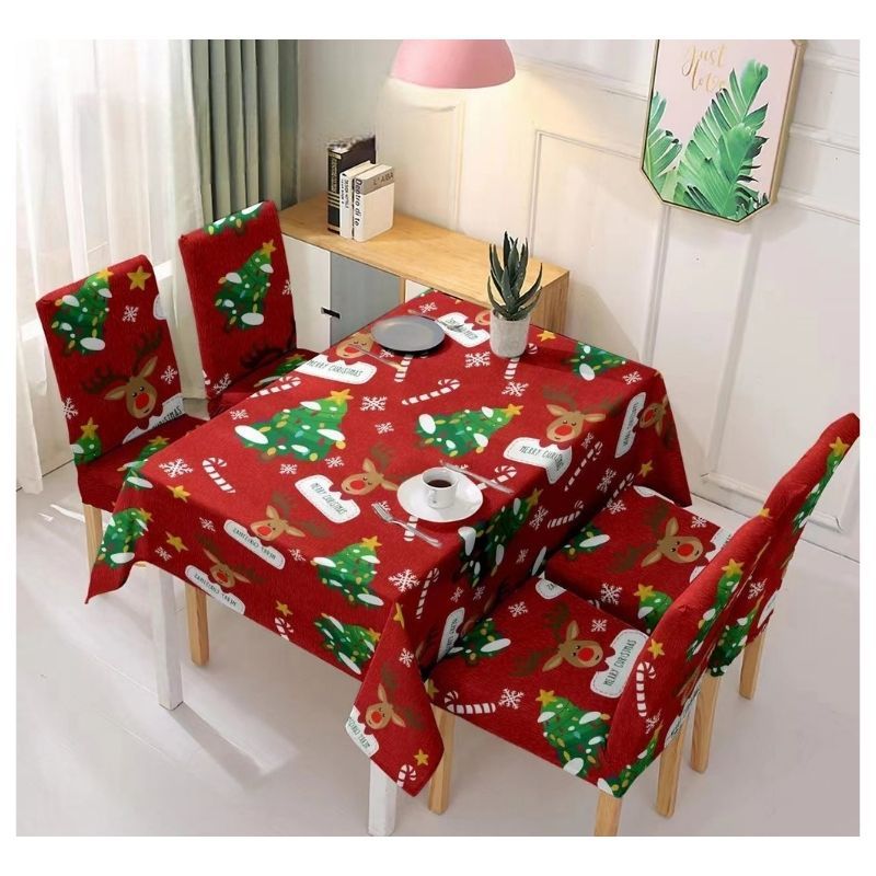 GENERICO - Set De Mantel Rectangular Con 6 Fundas Para Sillas Navideño