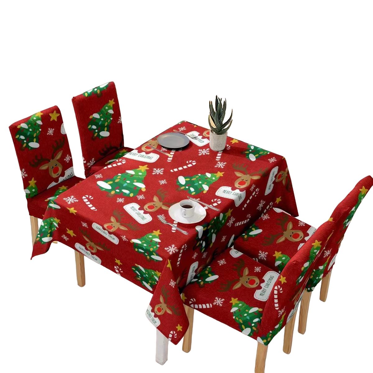GENERICO - Set De Mantel Rectangular Con 6 Fundas Para Sillas Navideño