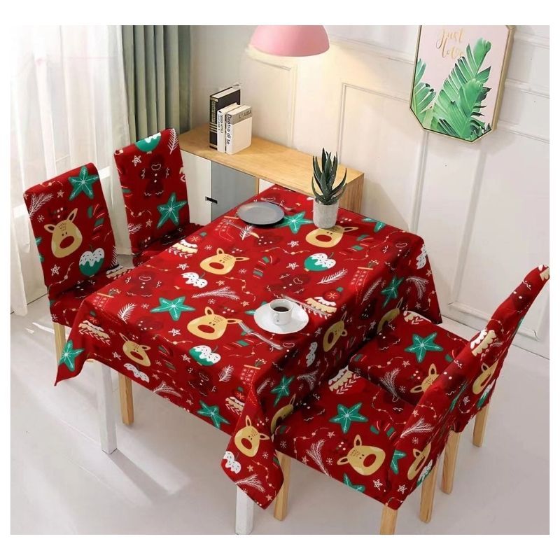 GENERICO - Set De Mantel Rectangular Con 6 Fundas Para Sillas Navideño