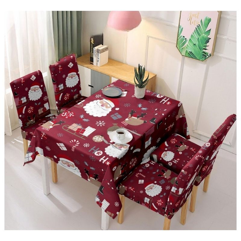 GENERICO - Set De Mantel Rectangular Con 6 Fundas Para Sillas Navideño