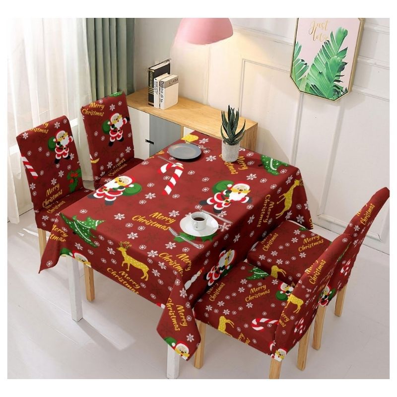 GENERICO - Set De Mantel Rectangular Con 6 Fundas Para Sillas Navideño
