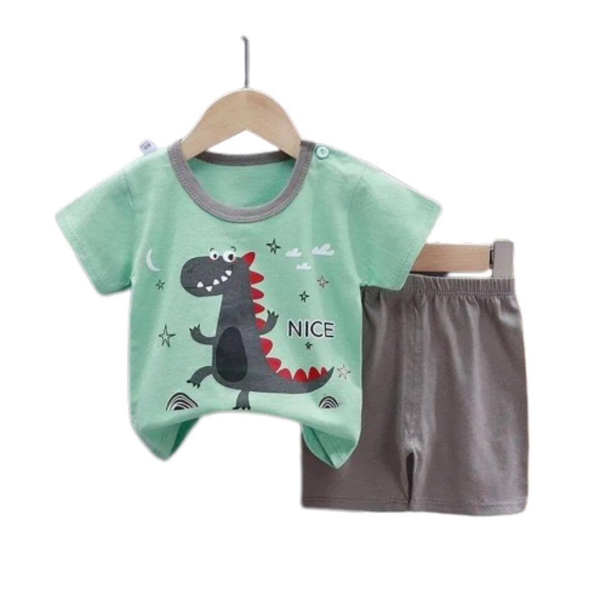 KIVARA - Pijama Niño Algodon Manga Corta Short Dino Gris - Celeste