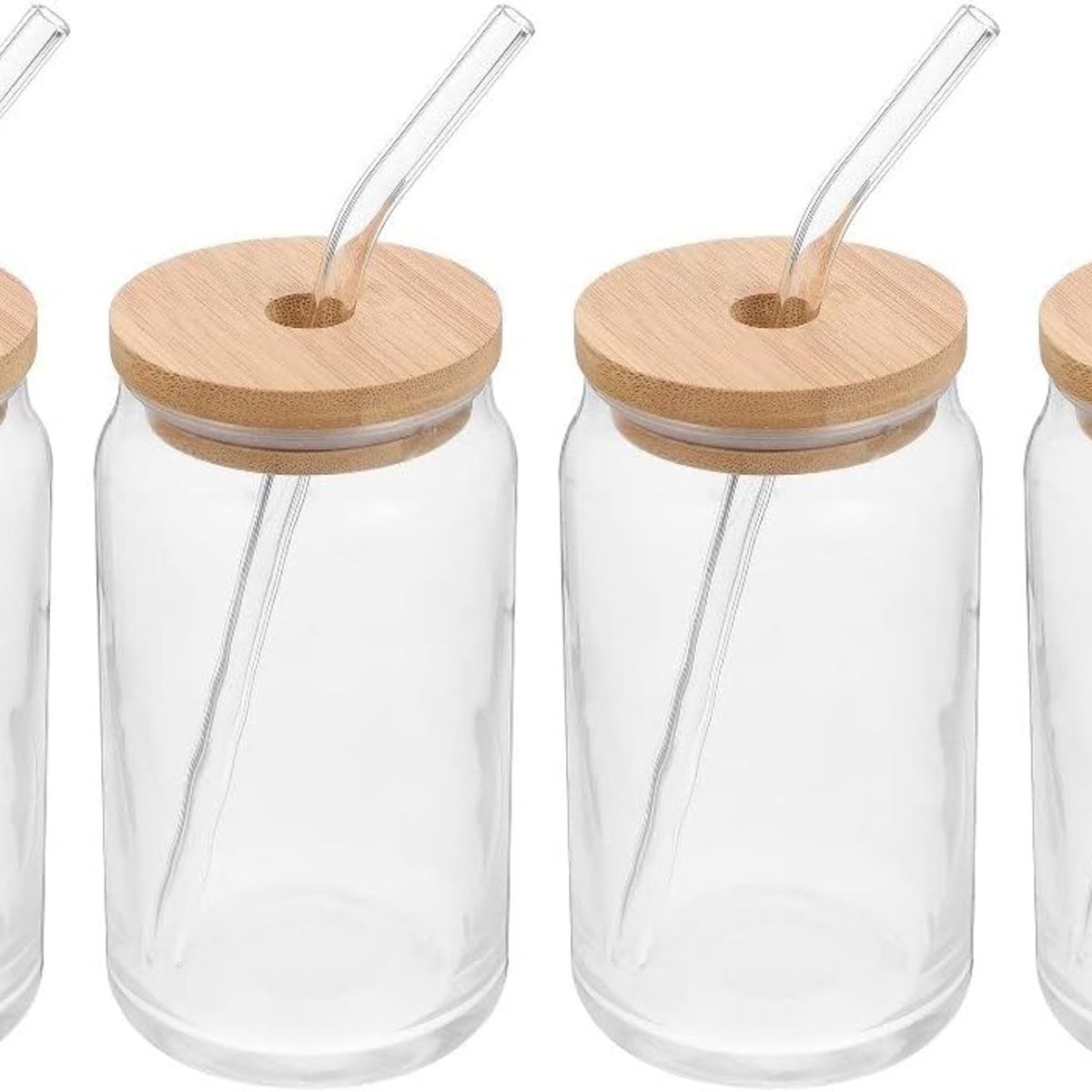 WAKESHOME - Set de 4 Vasos de Vidrio con Tapa de Bambú y Bombilla 550ml