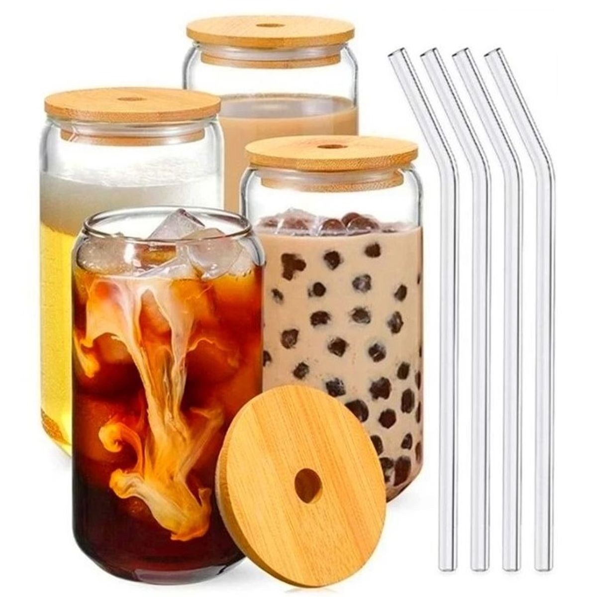 WAKESHOME - Set de 4 Vasos de Vidrio con Tapa de Bambú y Bombilla 550ml