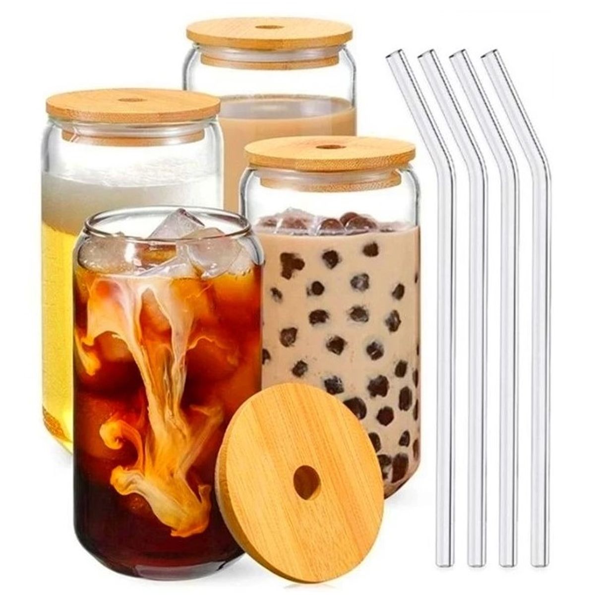 WAKESHOME - Set de 4 Vasos de Vidrio con Tapa de Bambú y Bombilla 550ml