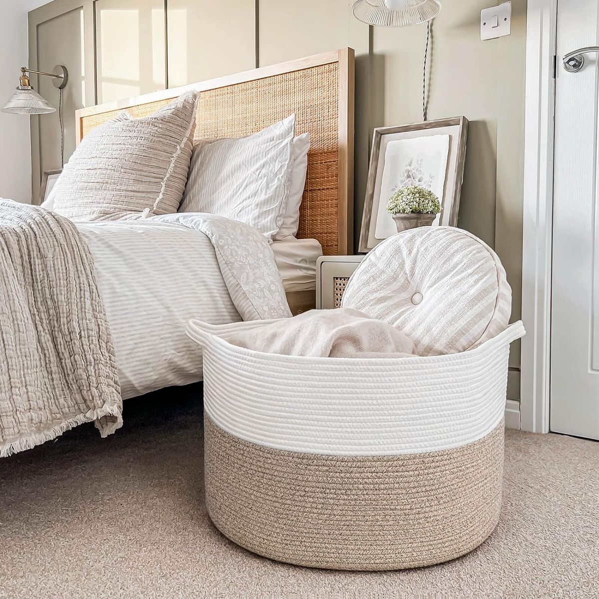 WAKESHOME - Cesta Canasto Para Ropa Juguetes Mantas Decoración con Asa Organizador Cuerda Tejida de Algodón