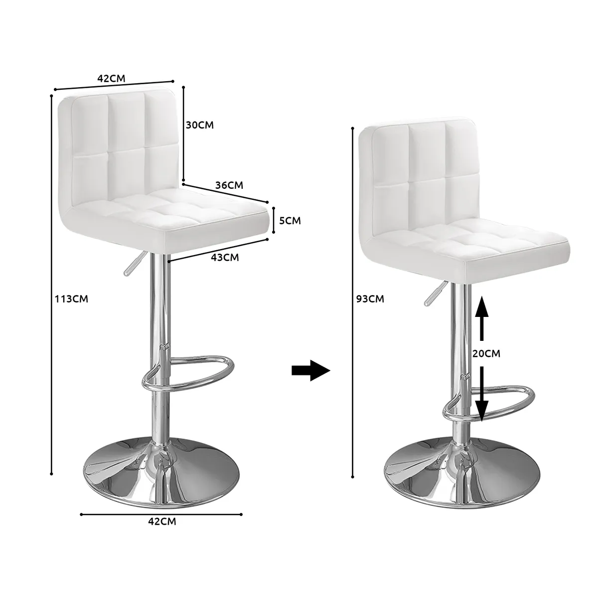 VIDITA - Pack 2 Silla Piso Bar Altura Regulable Taburete Con Respaldo Blanco