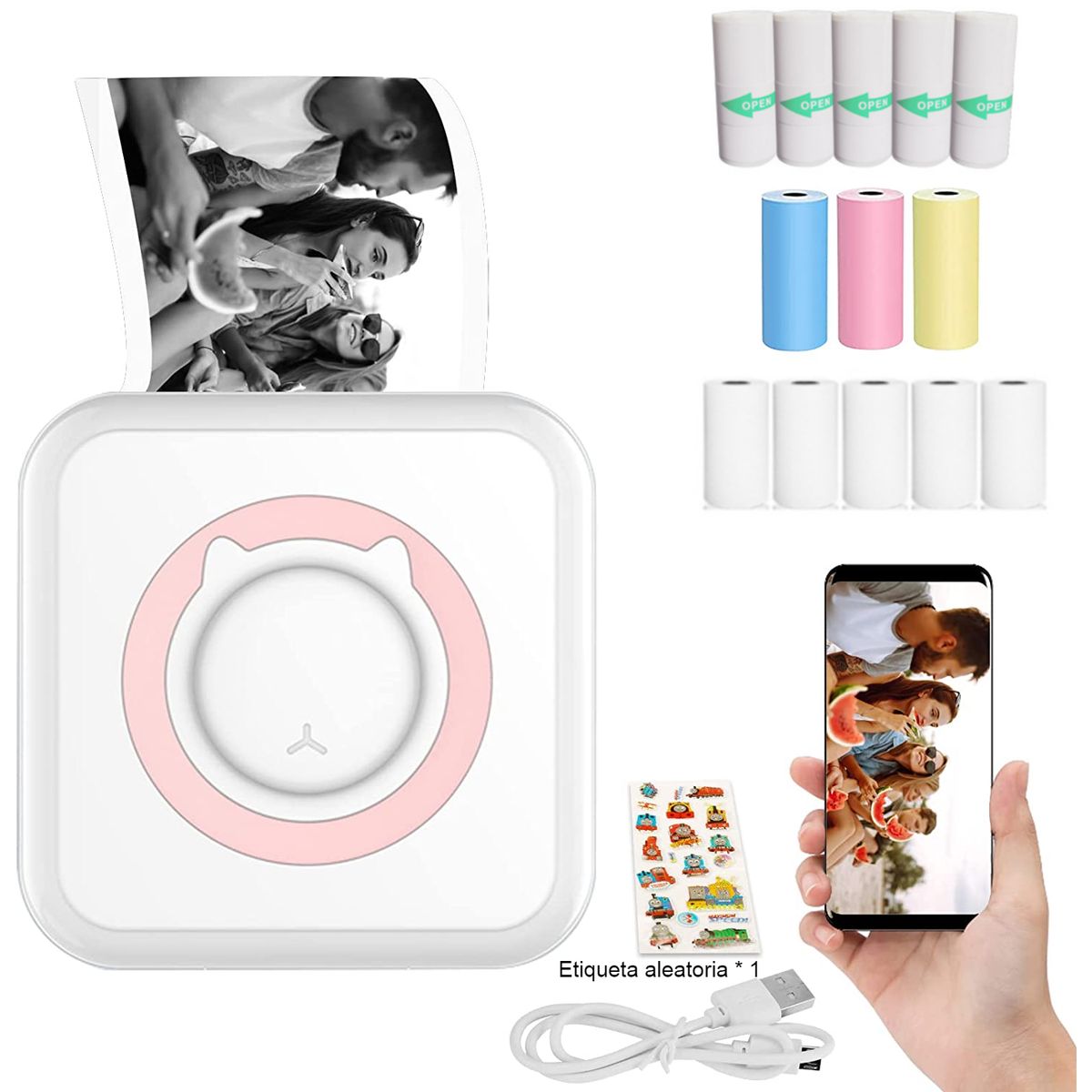 BLUEDREAMER - Mini Impresora Térmica Portátil Bluetooth Con 13 Rollos De Accesorios