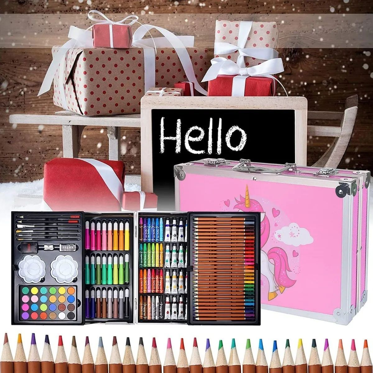 U BUY - Set Pintar Lapices Colores Arte+Maletaxl 145pcs Rosa