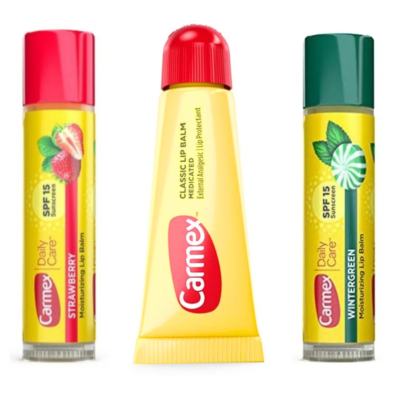 CARMEX - Mix de 3 Carmex Bálsamo Labial: 1 Carmex Clásico formato tubo, 1 Carmex sabor Strawberry y Carmex sabor Wintergreen.