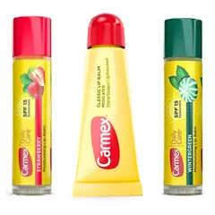CARMEX - Mix de 3 Bálsamo Labial: 1 Clásico formato tubo, 1 sabor Strawberry y sabor Wintergreen.