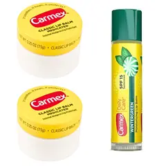 GENERICO - Mix de 3 Carmex Bálsamo Labial: 2 Carmex Clásicos formato pote, 1 Carmex sabor Wintergreen.