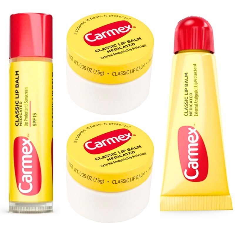 CARMEX - Mix de 4 Carmex Bálsamo Labial originales: 2 Carmex pote, 1 Carmex stick y 1 Carmex tubo.
