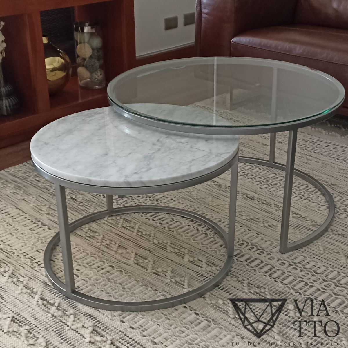 GENERICO - Mesa de centro nido plata mercurio mármol y vidrio - Viatto