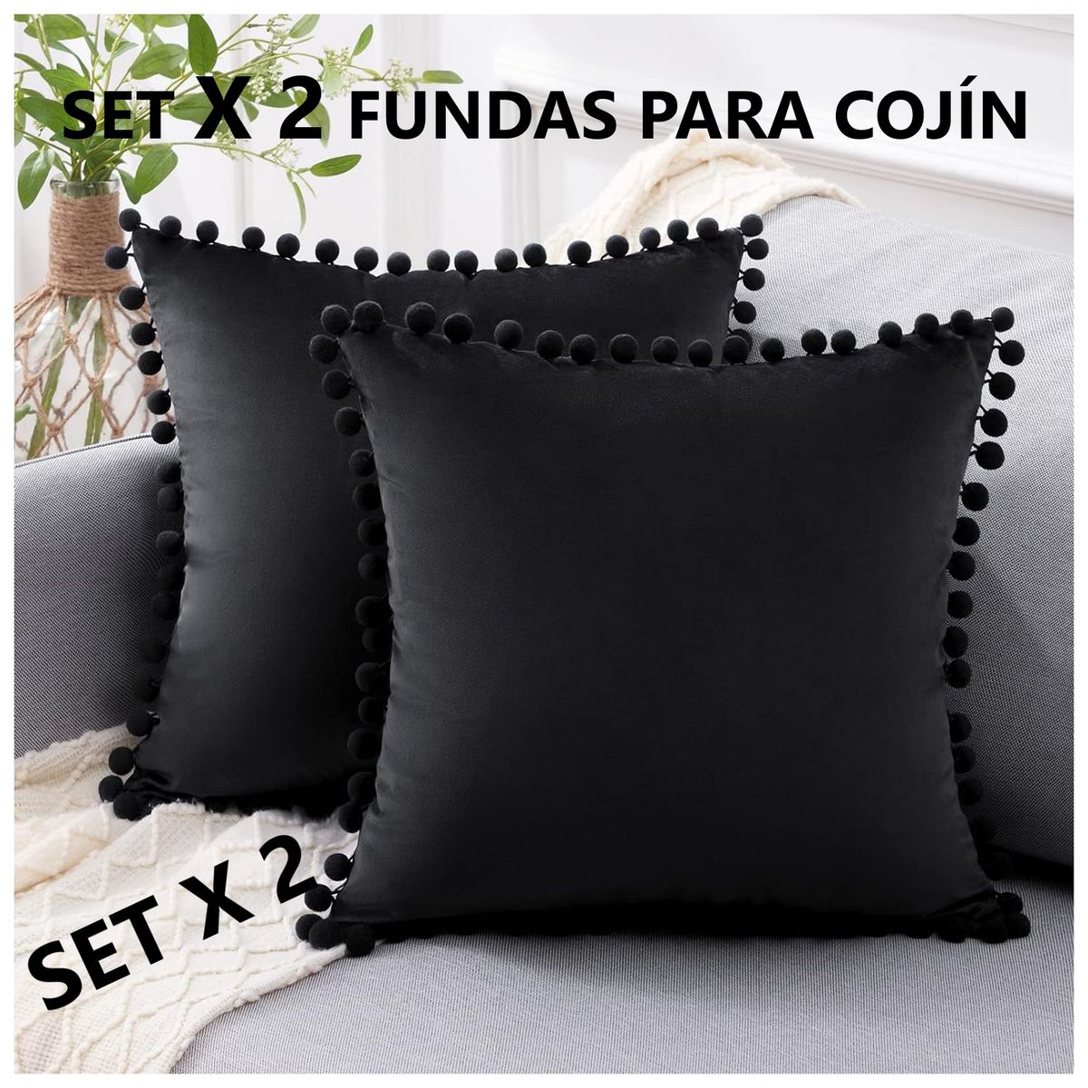 COMPRAPO - Set X 2 Fundas Cojín Boho Chic Aterciopelado Pompones Negro 45x45