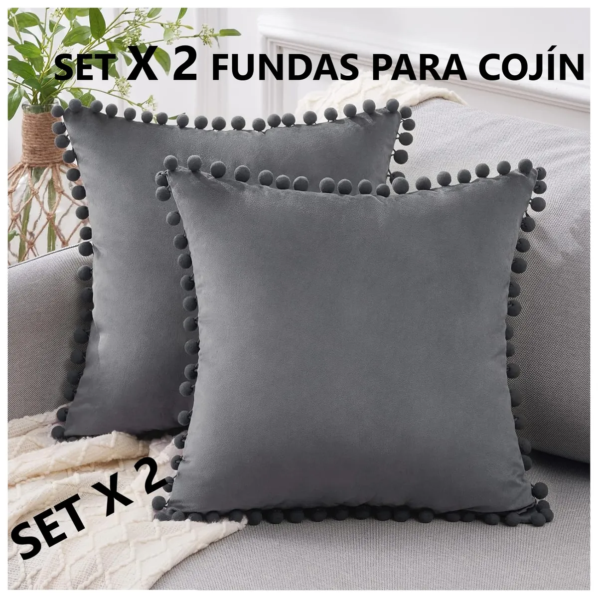 COMPRAPO - Set X 2 Fundas Cojín Boho Chic Aterciopelado Pompones Gris Plata 45x45