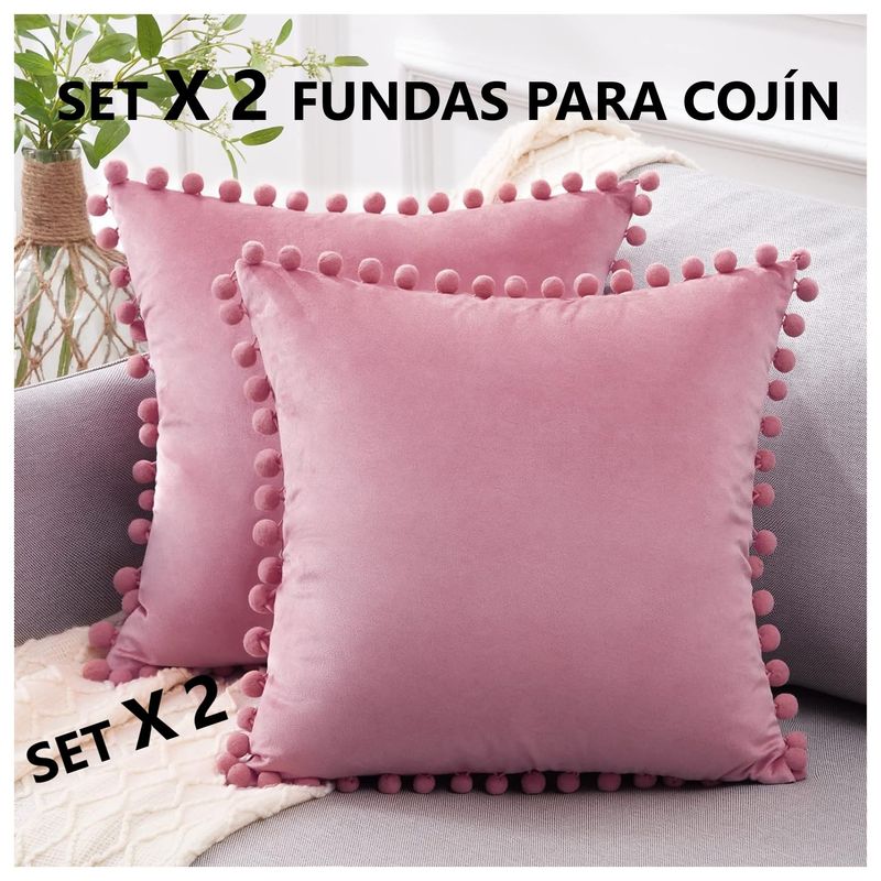 COMPRAPO - Set X 2 Fundas Cojín Boho Chic Aterciopelado Pompones Palo Rosa 45x45