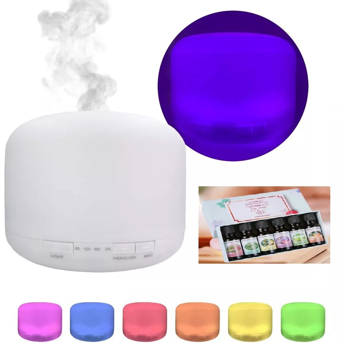 GENERICO - Humidificador Purificador De Aire Lampara Luz Led 7 + Set 6 Esencias.