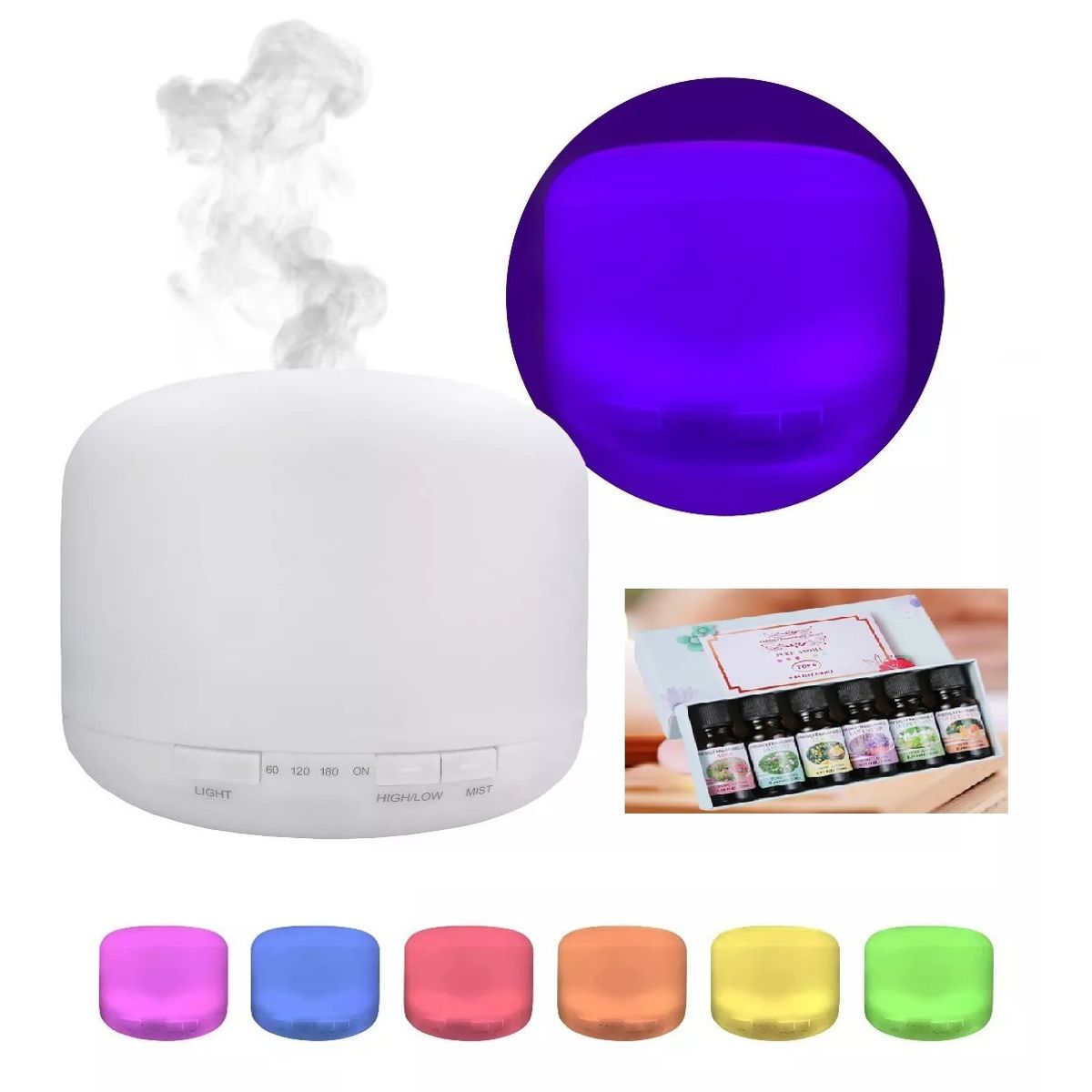 GENERICO - Humidificador Purificador De Aire Lampara Luz Led 7 + Set 6 Esencias.