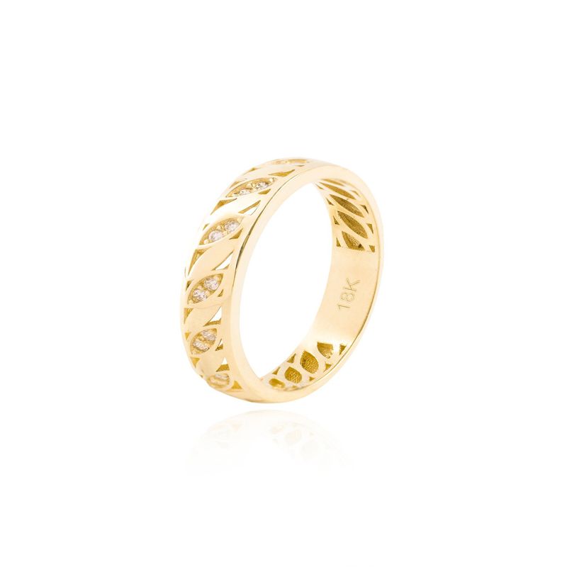 JB JOYAS BARON - Anillo de Oro 18kt con Diseño de Hojas y Circonita