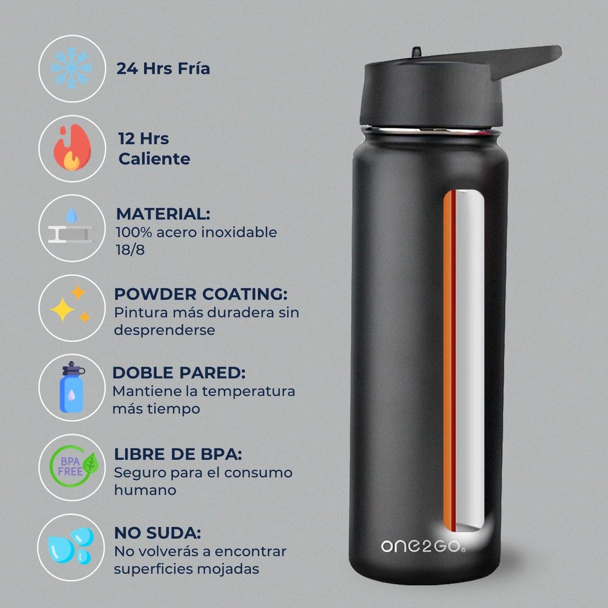ONE2GO - Botella Termica Agua Acero Inox700ml - Negro