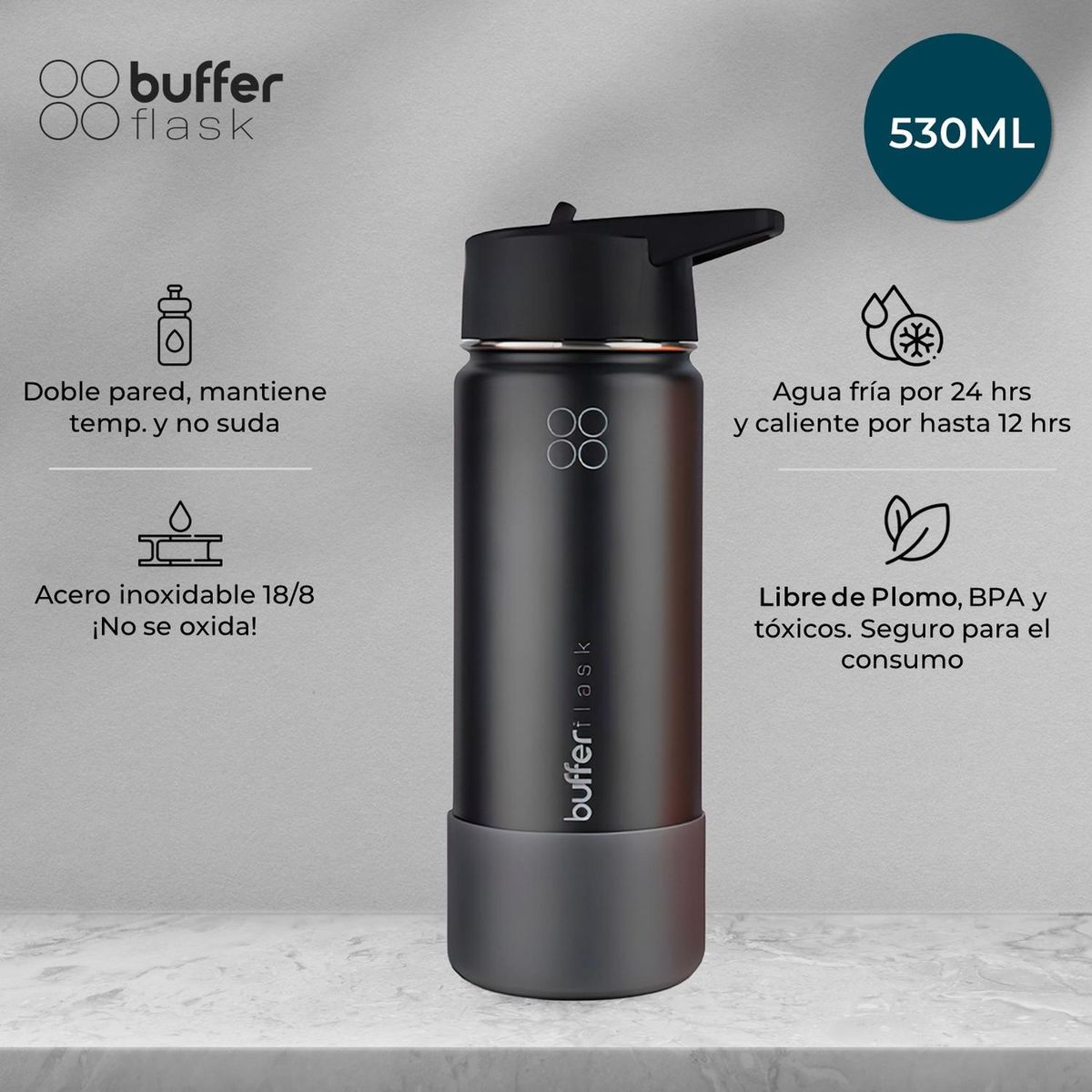 BUFFER FLASK - Termo Botella Agua Niños Buffer Inoxidable - Negro