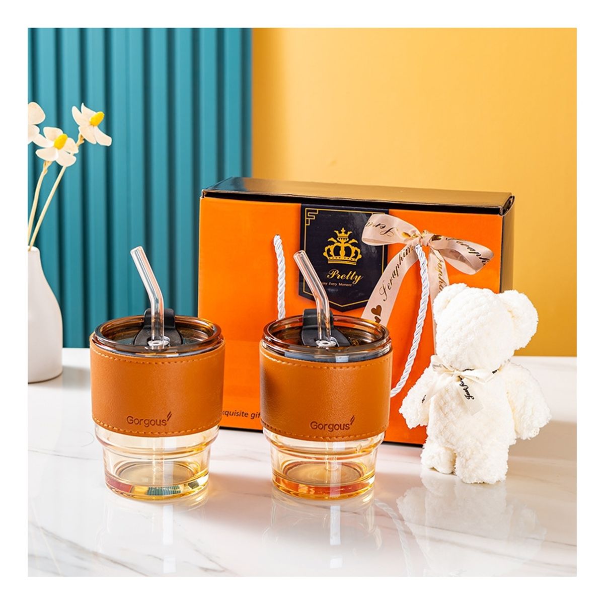 GENERICO - Set Regalo 2 Vaso Vidrio Resistente 450ml Bombilla + Peluche