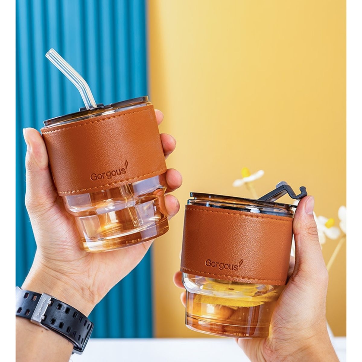 GENERICO - Set Regalo 2 Vaso Vidrio Resistente 450ml Bombilla + Peluche