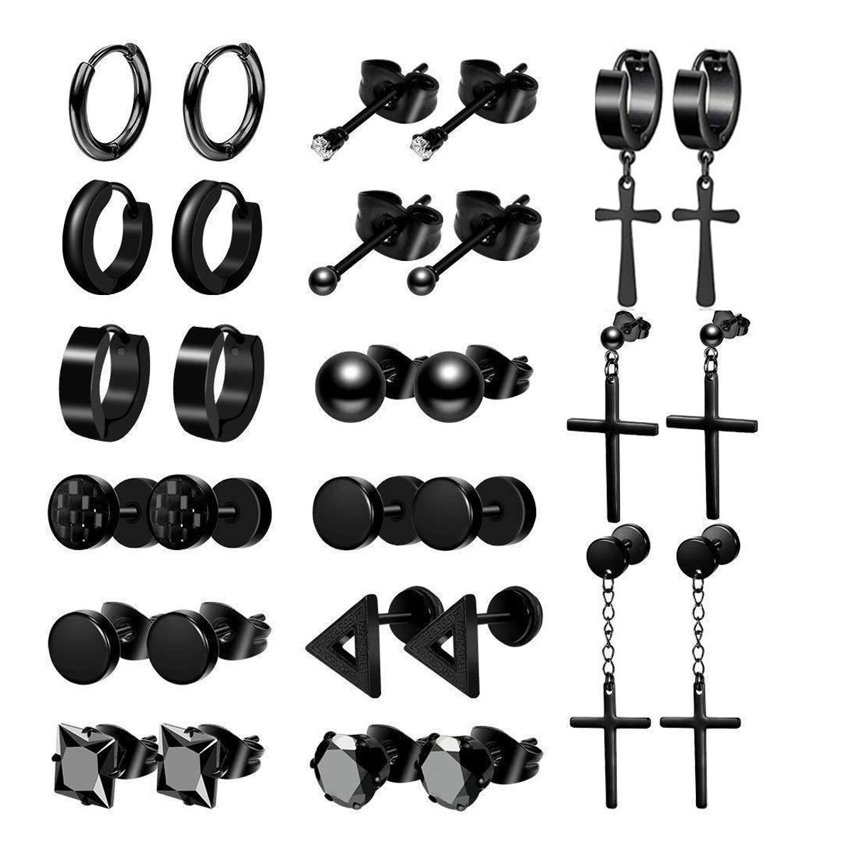 ZG JOYAS - Pack 15 Pares Aros Pendientes Unisex Piercing Oreja Negro