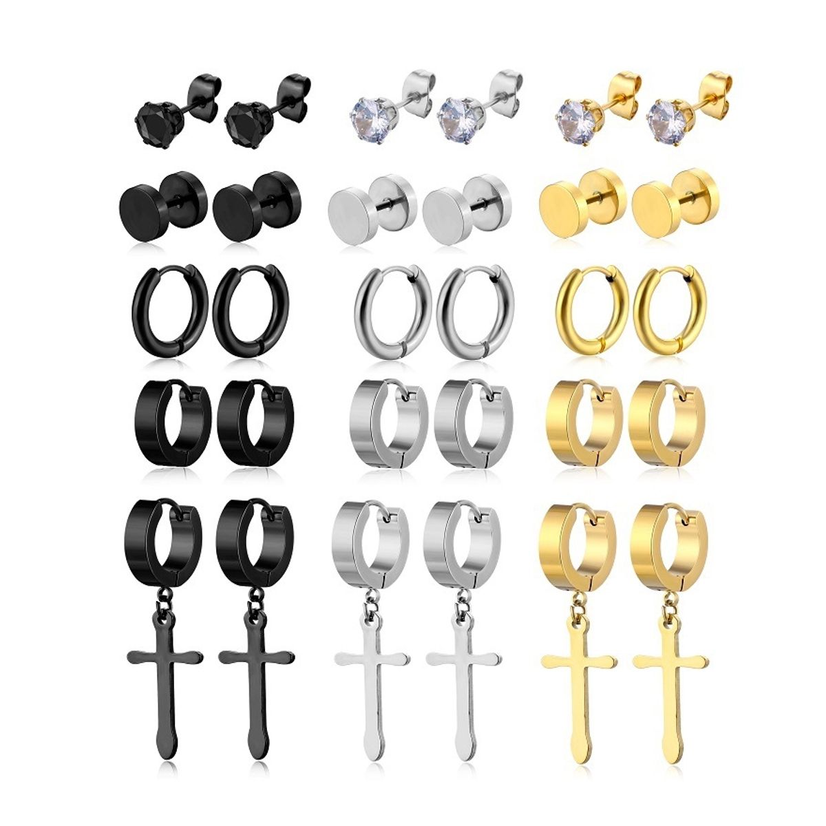 ZG JOYAS - Pack 15 Par Aros Pendientes Unisex Piercing Oreja Acero Inox