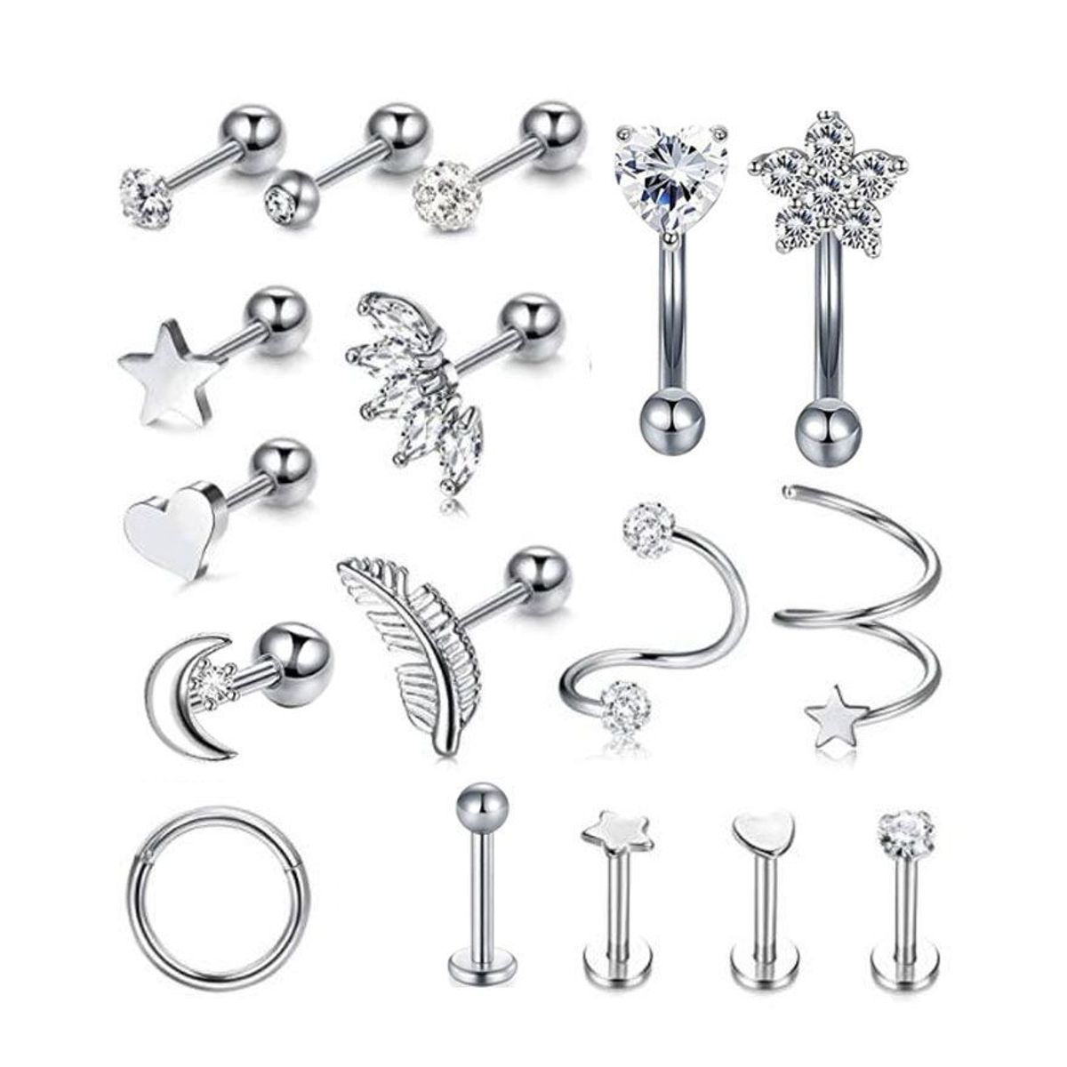 ZG JOYAS - 17pcs Piercing Aretes Oreja Cartílago Amor Acero Inoxidable