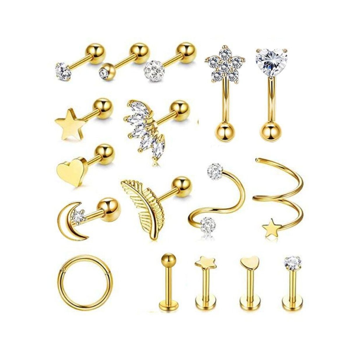 GENERICO - 17pcs Piercing Aretes Oreja Cartílago Amor Acero Inoxidable