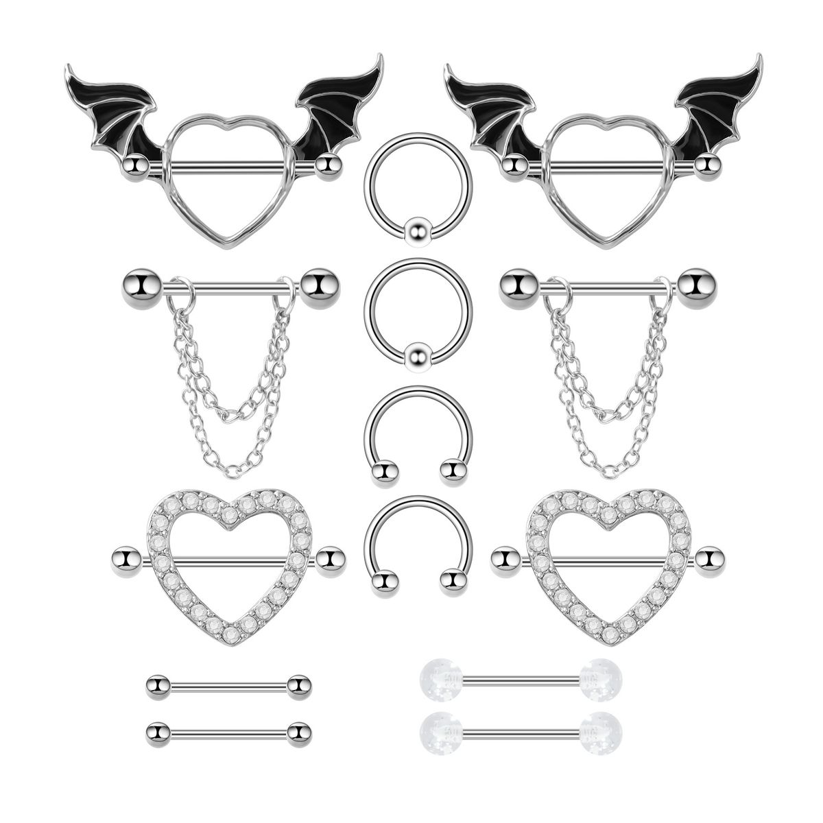 ZG JOYAS - 14 Piezas Piercing Pezon Nipple Set Corazon Y Varios 14G