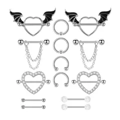 GENERICO - 14 Piezas Piercing Pezon Nipple Set Corazon Y Varios 14G