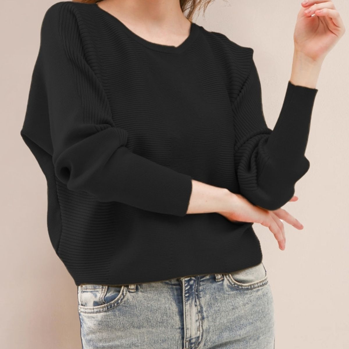 MOSS ROSE - Jersey holgado de manga larga y cuello redondo para mujer