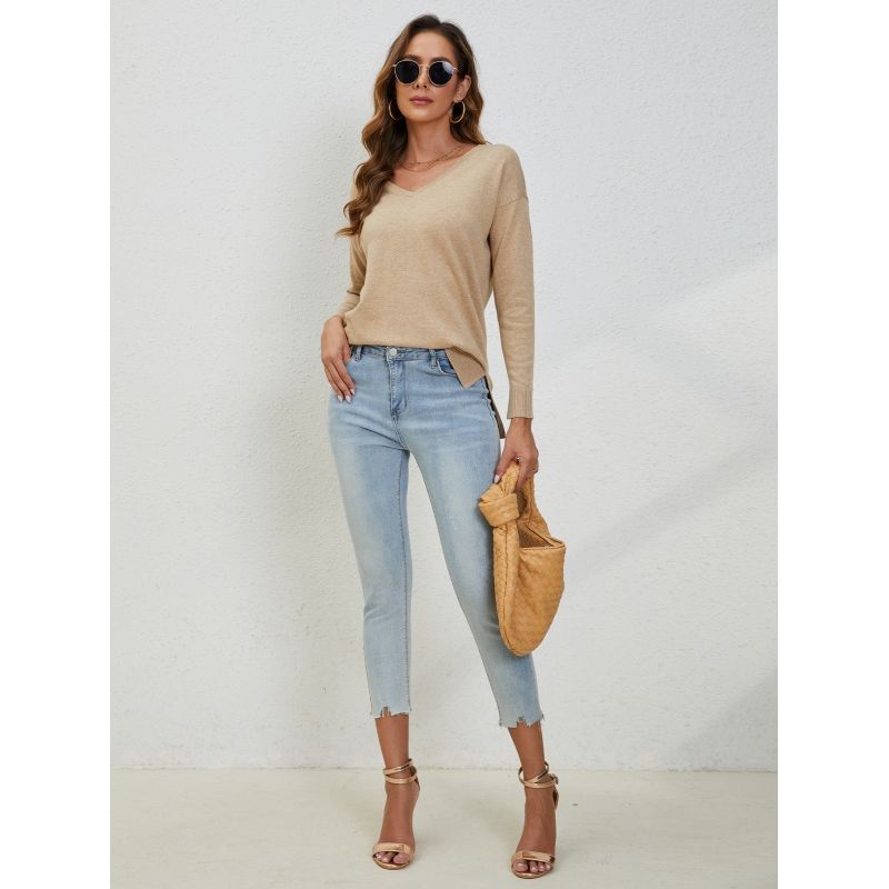 MOSS ROSE - Jersey holgado de manga larga y cuello en V para mujer