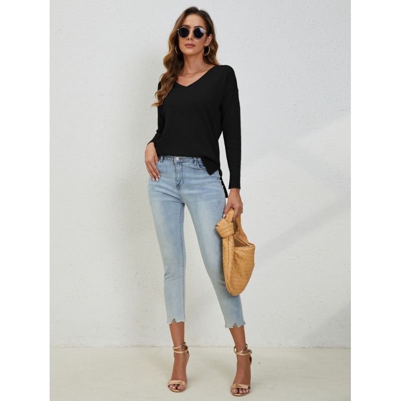 MOSS ROSE - Jersey holgado de manga larga y cuello en V para mujer