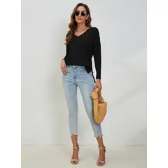 MOSS ROSE - Jersey holgado de manga larga y cuello en V para mujer